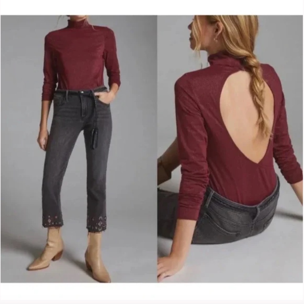 NWT Anthropologie Daily Practice Shimmer Open Back Red Burgundy Bodysuit, S